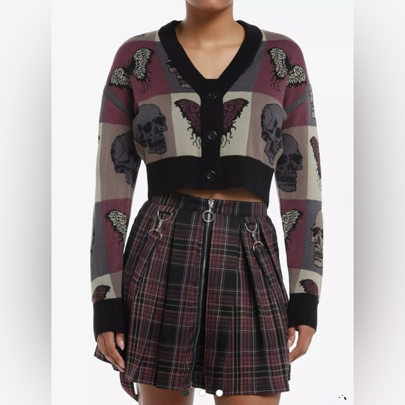 Social Collision Skull Butterfly Color-Block Girls Crop Cardigan XS NEW - Picture 1 of 13
